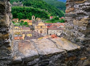 Bellinzona, Switzerland, view through the castle walls to the old town