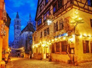 Christmas decoration lights at night in Rothenburg ob der Tauber, Germany