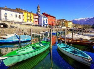 Colorful boats in olt town of Ascona, Ticino, Switzerland