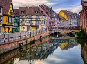 Colorful half-timbered facades in medieval town Colmar, Alsace, France