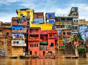 Colorful houses on river Ganges, Varanasi, India