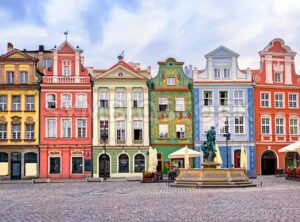 Colorful renaissance facades on the central market square in Poznan, Poland