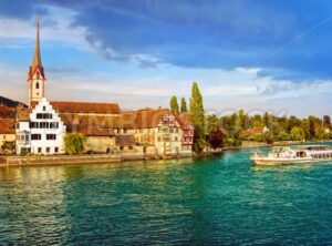 Cruise ship going down the Rhine river in Stein am Rhein, Switzerland