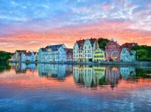 Dramatic sunset over old town of Landshut on Isar river near Munich, Germany