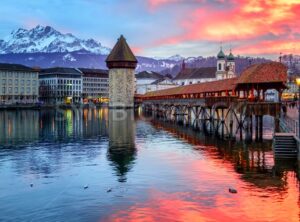 Dramatic sunset over the old town of Lucerne, Switzerland