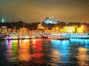 Fish boat restaurants on Golden Horn at night, Istanbul, Turkey