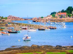 Fishermen’s boats on Cote de Granit Rose, Brittany, France