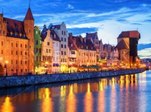 Gothic facades facing Motlawa River in Gdansk, Poland