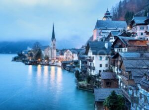 Hallstatt, Salzkammergut, Austria, in misty morning light. UNESCO World Culture Heritage site near Salzburg.