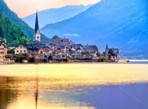 Hallstatt town on a lake in Alps mountains, Austria