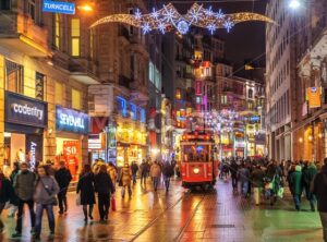 Istanbul Nostalgic Tramway on Istiklal Street at night, Istanbul, Turkey