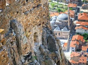 Karahisar castle walls on a hill over the old city of Afyon, Turkey