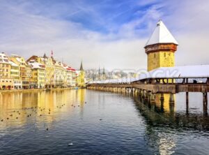 Lucerne, Switzerland, Chapel bridge and Water Tower on a snowy winter day