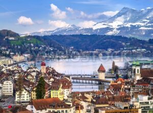 Lucerne, Switzerland, aerial view of the old town, lake and Rigi mountain
