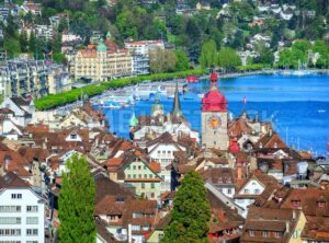 Lucerne, Switzerland, aerial view over old town to the lake