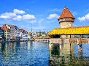 Lucerne, Switzerland, cityscape with wooden Chapel bridge and Water tower