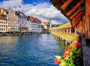 Lucerne, Switzerland, view from the famous wooden Chapel Bridge to the old town