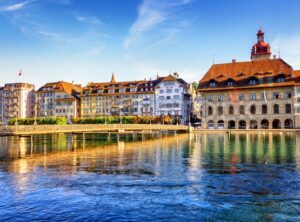 Lucerne, Switzerland, view of the old town with Town Hall and Reuss river