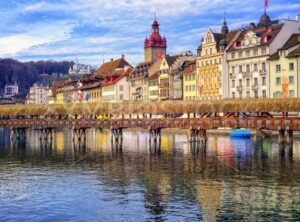 Lucerne, Switzerland, view over Reuss river to the old town and wooden Chapel bridge