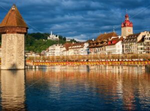 Lucerne, Switzerland, view over the old town with Chapel Bridge, Water Tower, Gutsch palace