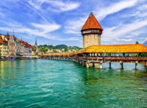 Lucerne, Switzerland, wooden Chapel Bridge and Water tower