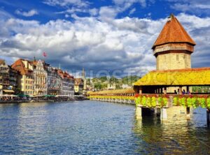 Lucerne, Switzerland, wooden Chapel Bridge and Water tower