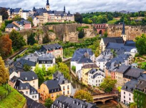 Luxembourg city, view over the Grund to upper town