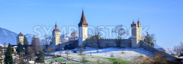 Medieval city walls with towers in Lucerne, Switzerland