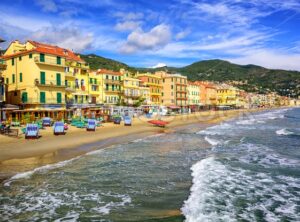 Mediterranean sand beach in Alassio by San Remo on italian Riviera, Italy