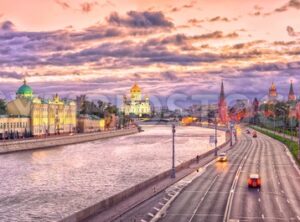 Moscow skyline in red evening light, Russian Federation