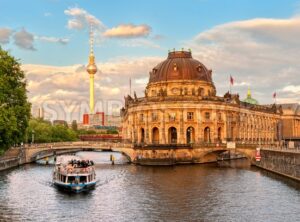 Museum island on Spree river and Alexanderplatz TV tower in center of Berlin, Germany