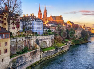 Old town of Basel with Munster cathedral facing the Rhine river, Switzerland