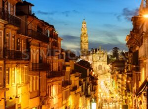 Panorama of Porto with Dos Clerigos cathedral at night, Portugal