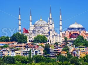 Panoramic view of Istanbul with Blue Mosque and Hagia Sophia cathedral from Marmara Sea, Turkey