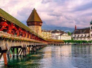 Panoramic view of the Chapel Bridge in Lucerne, Switzerland