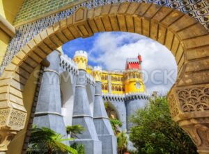 Pena palace, Sintra, Portugal, view through the entrance arch