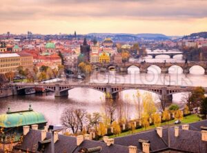 Prague bridge panorama in sunset light, Czech Republic