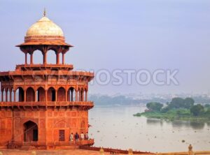 Red tower of Taj Mahal complex in Agra, India