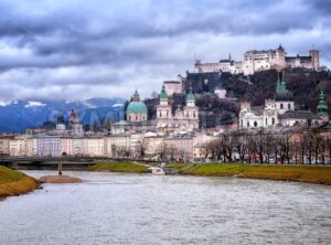 Salzburg in the Alps mountains, Austria, panoramic view in the early morning light