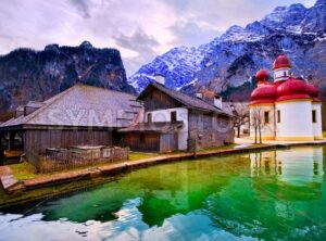 St Bartholomew church on mountain lake Konigsee in german Alps by Munich, Germany