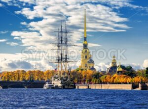 St Petersburg, Russia. Sailing ship anchored by the Peter and Paul Fortress.