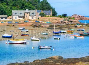 Stone house and fishermen’s boat in Brittany, France