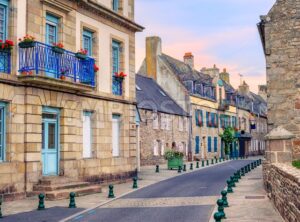 Stone houses on a street in Roscoff, Brittany, France