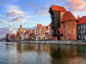 The Crane and gothic old town on sunset, Gdansk, Poland