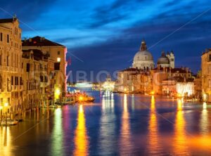 The Grand Canal and Santa Maria della Salute basilica, Venice, Italy, at night