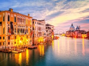 The Grand Canal and basilica Santa Maria della Salute on sunrise, Venice, Italy