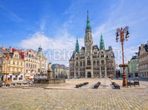 The town hall and the central square in Liberec, Czech Republic