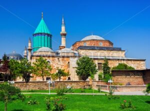 Tomb of Mevlana, the founder of Mevlevi sufi dervish order, with prominent green tower in Konya, Turkey