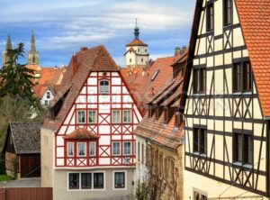 Traditional red tile roofs and half-timbered houses in Rothenburg ob der Tauber, Germany