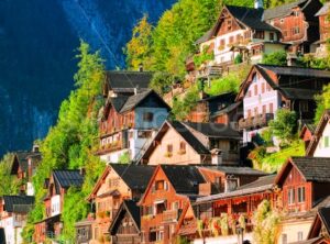 Traditional wooden houses on the mountain slope in Hallstatt, Austria